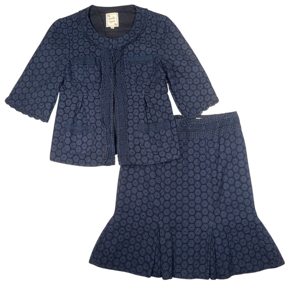 Nanette Lepore Eyelet Lace Skirt Suit Set 2 Women Navy Blue Cotton Professional